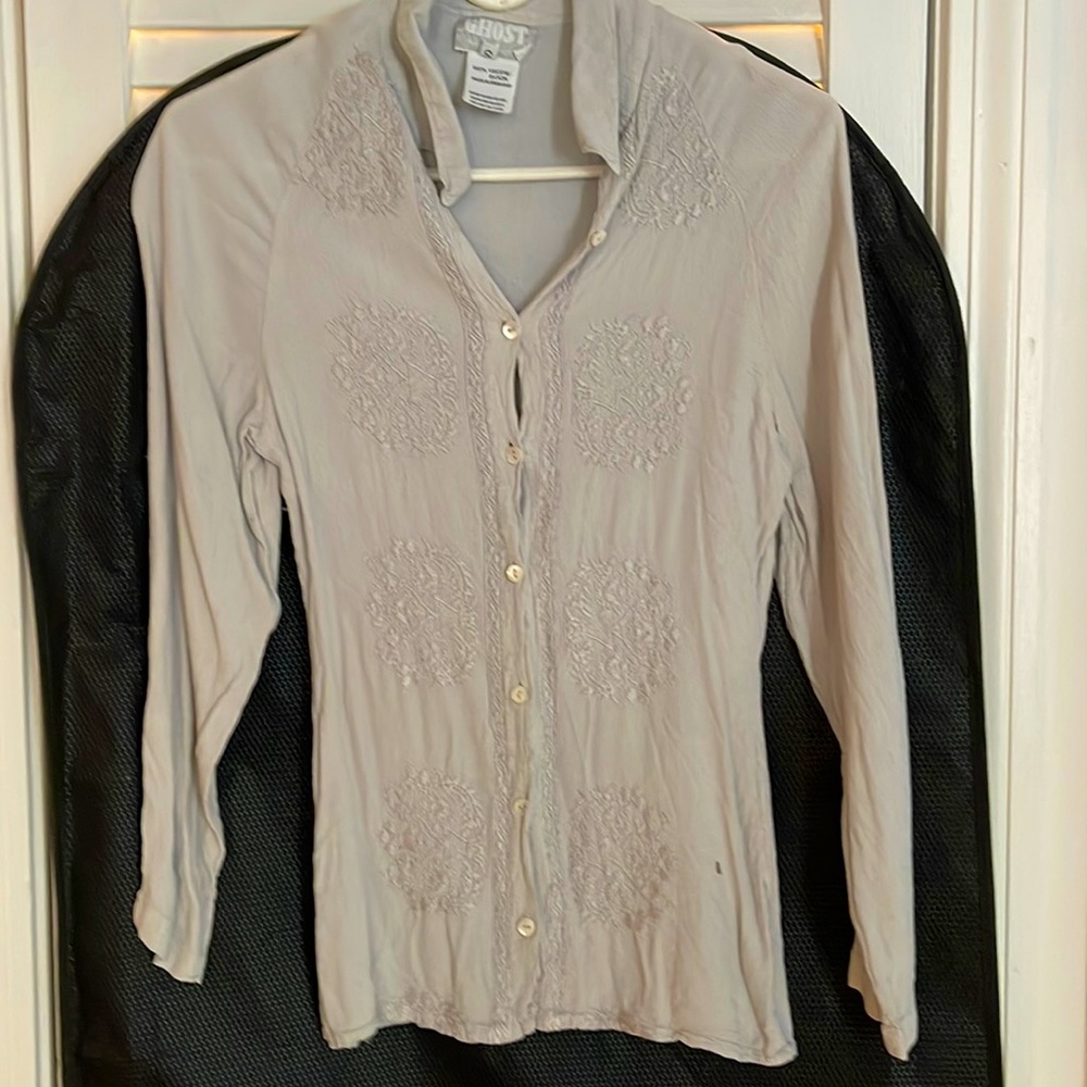 Ghost of London embroidered button down shirt, light grey, S